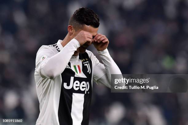 Cristiano Ronaldo of Juventus shows his dejection during the Serie A match between Juventus and Chievo at Allianz Stadium on January 21, 2019 in...