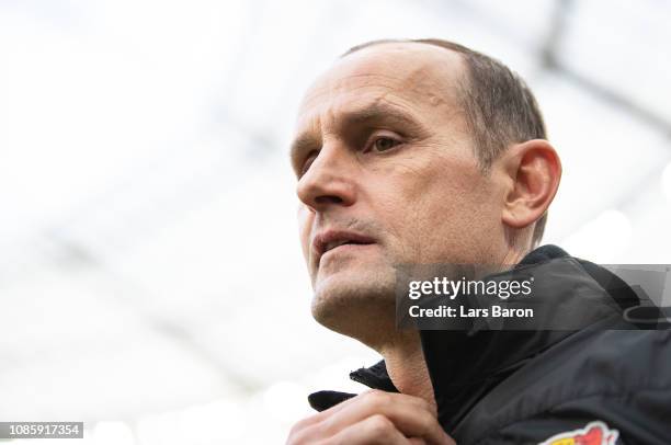 Head coach Heiko Herrlich of Leverkusen looks on prior to the Bundesliga match between Bayer 04 Leverkusen and Hertha BSC at BayArena on December 22,...