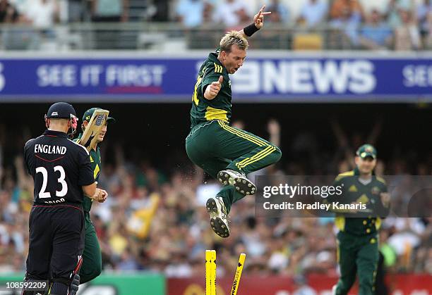 Brett Lee of Australia celebrates after taking the wicket of Matt Prior of England during game four of the Commonwealth Bank One Day International...