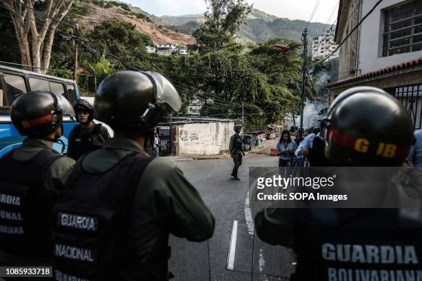 National Guard seen during a protest against Nicolas Maduro. 27 Military officers of the National Guard were arrested after revolting in the command...