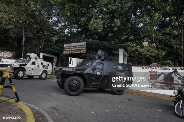 Armored Police vehicles in front of the National Guard headquarters in Cotiza during a protest against Nicolas Maduro. 27 Military officers of the...