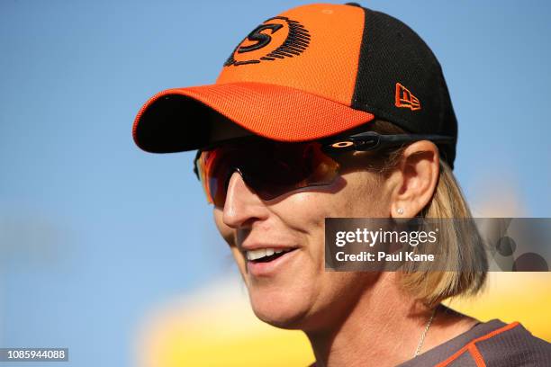 Lisa Keightley, coach of the Scorchers looks on during the Women's Big Bash League match between the Perth Scorchers and the Melbourne Renegades at...