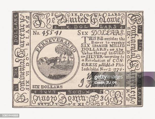 six dollar bank note, united colonies, philadelphia, 1776, facsimile (1886) - colonialism stock illustrations