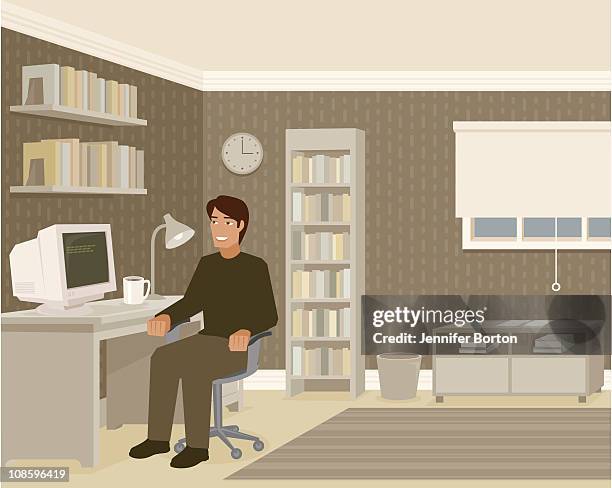 illustrations, cliparts, dessins animés et icônes de jeune homme assis au bureau de l'ordinateur de bureau à domicile - dorm room