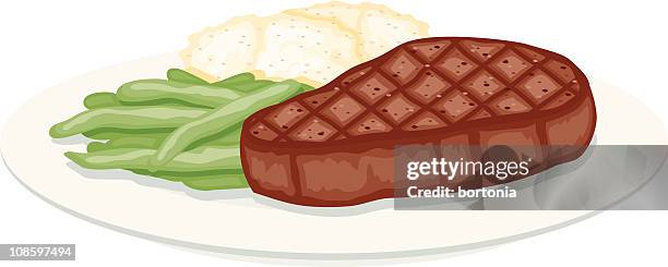 grilled steak, green beans and mashed potatoes - beef steak plate stock illustrations