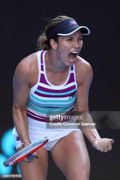 Danielle Collins of the United States celebrates winning a point in her quarter final match against Anastasia Pavlyuchenkova of Russia during day...