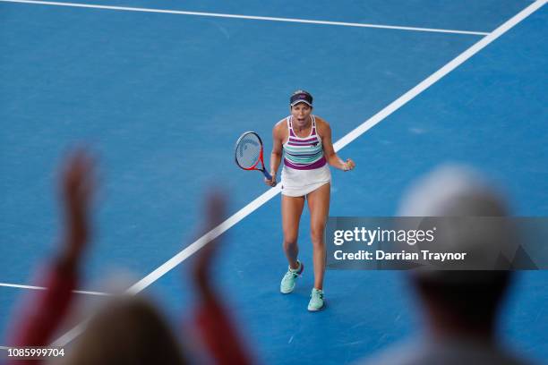 Danielle Collins of the United States celebrates winning match point in her quarter final match against Anastasia Pavlyuchenkova of Russia during day...