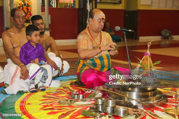 Tamil Hindu priest performs special prayers honouring Lord Ganesh during the Thai Pongal Festival at a Hindu temple in Ontario, Canada on January 14,...