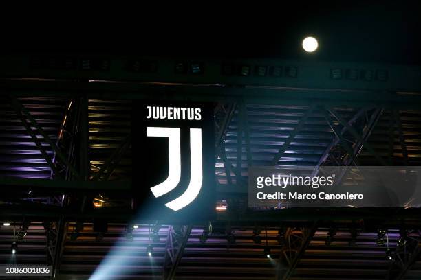 The Juventus logo on the screens of the Juventus Stadium before the Serie A football match between Juventus Fc and Ac Chievo Verona. Juventus Fc wins...