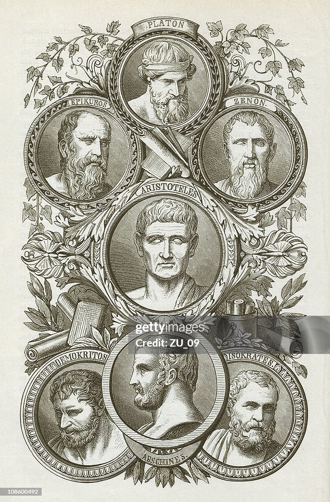 Ancient Greek philosophers, wood engraving, published in 1882