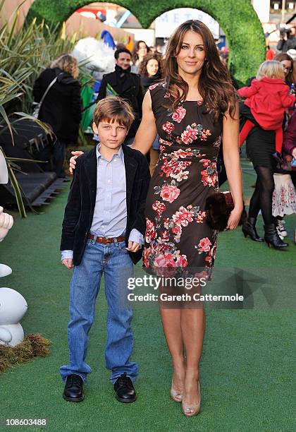 Liz Hurley and son Damian attend the UK Film Premiere of 'Gnomeo And Juliet' at the Odeon Leicester Square on January 30, 2011 in London, England.