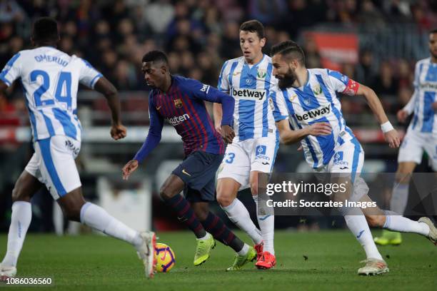 Kenneth Omeruo of Leganes, Ousmane Dembele of FC Barcelona, Dimitrios Siovas of Leganes during the La Liga Santander match between FC Barcelona v...