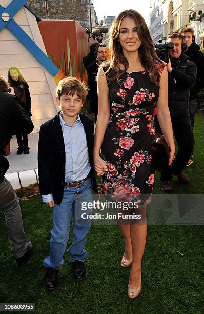 Actress Elizabeth Hurley and son Damian Charles Hurley attend the "Gnomeo & Juliet" premiere at Odeon Leicester Square on January 30, 2011 in London,...