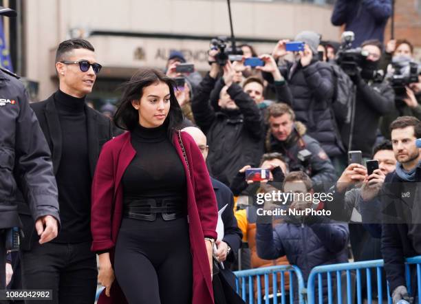 Cristiano Ronaldo with his girlfriend Georgina Rodriguez to attend a court hearing for tax evasion at Audiencia Provincial on January 22, 2019 in...