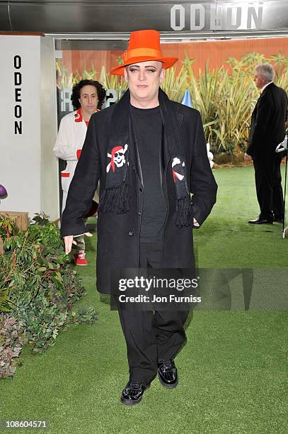 Singer Boy George attends the "Gnomeo & Juliet" premiere at Odeon Leicester Square on January 30, 2011 in London, England.