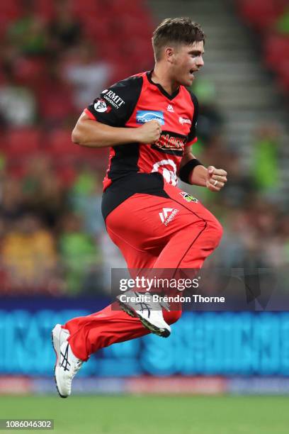 Cameron Boyce of the Renegades celebrates after claiming the wicket of Callum Ferguson of the Thunder during the Big Bash League match between the...