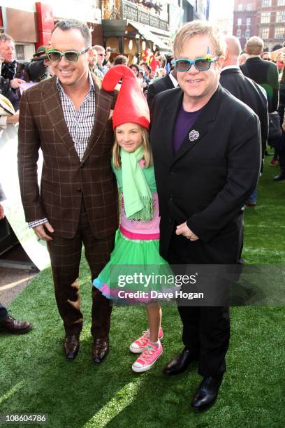 Elton John, David Furnish and Esme Bertlesen attend the UK premiere of Gnomeo And Juliet held at the Odeon Leicester Square on January 30, 2011 in...