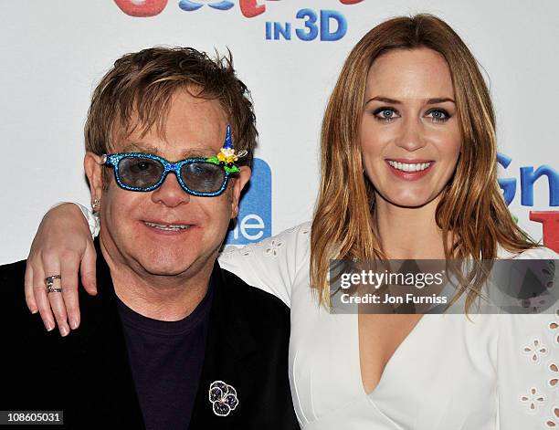 Sir Elton John and actress Emily Blunt attend the "Gnomeo & Juliet" premiere at Odeon Leicester Square on January 30, 2011 in London, England.