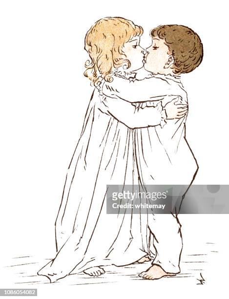 winzige viktorianischen kinder umarmen und küssen - mittelstand stock-grafiken, -clipart, -cartoons und -symbole