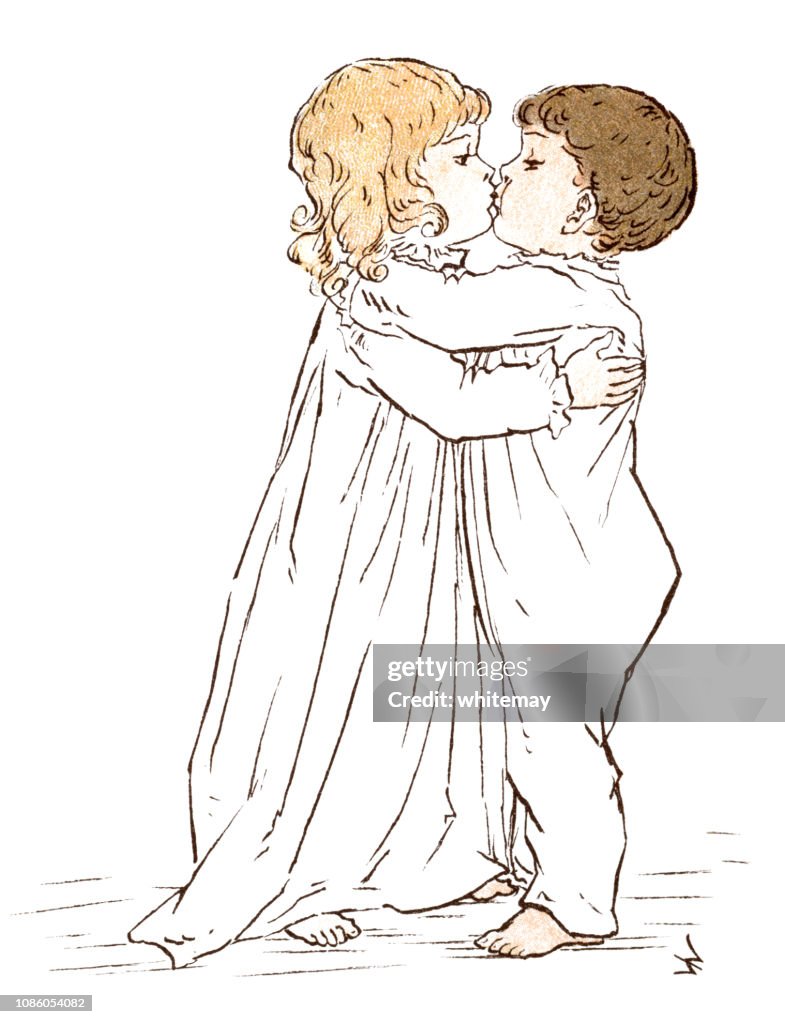 Tiny Victorian children hugging and kissing