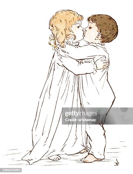 tiny victorian children hugging and kissing - sister face to face stock illustrations