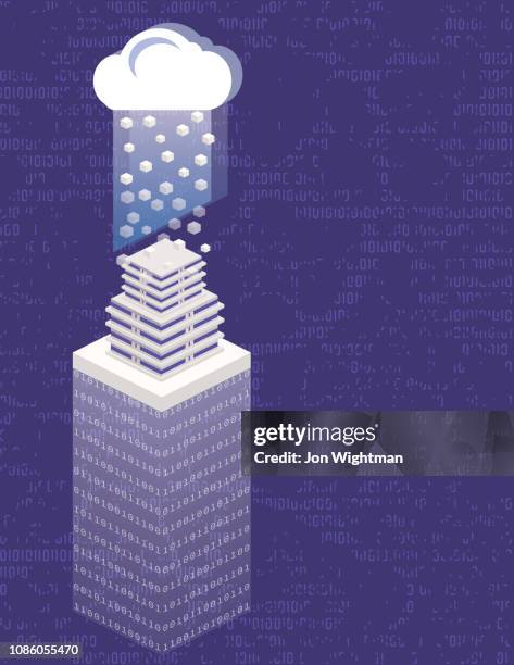 isometric smart city with data cloud technology - building above clouds stock illustrations