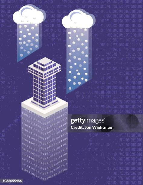 isometric smart city with data cloud technology - isometric cloud building stock illustrations