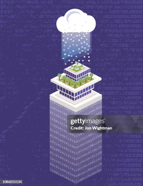 isometric smart city with data cloud technology - building above clouds stock illustrations