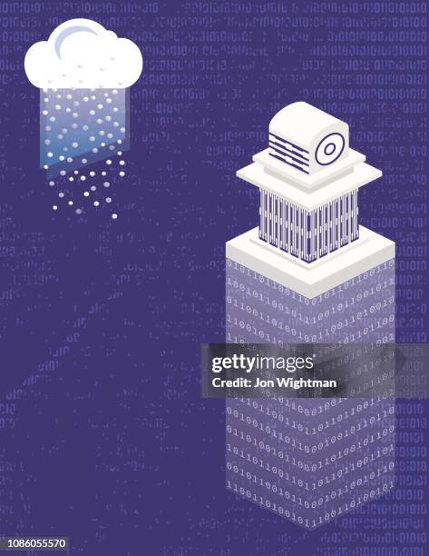 isometric smart city with data cloud technology - skyscraper above clouds stock illustrations