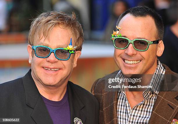 Sir Elton John and David Furnish attend the UK premiere of 'Gnomeo & Juliet' at Odeon Leicester Square on January 30, 2011 in London, England.