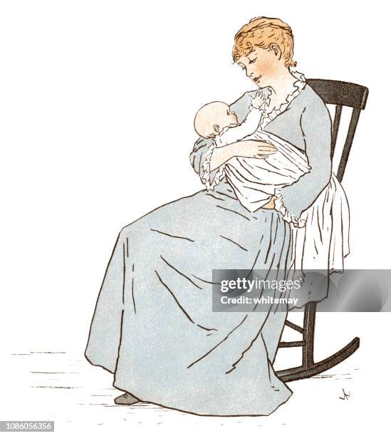 stockillustraties, clipart, cartoons en iconen met victoriaanse moeder zitten in een schommelstoel en haar baby knuffelen - rode wangen