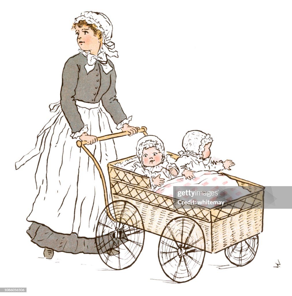 Victorian nursemaid pushing a pram with two babies inside