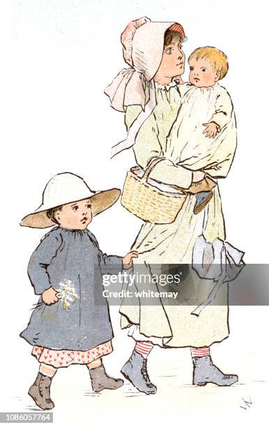 victorian teenage girl carrying a baby while a small child holds her skirt - teen babysitting stock illustrations