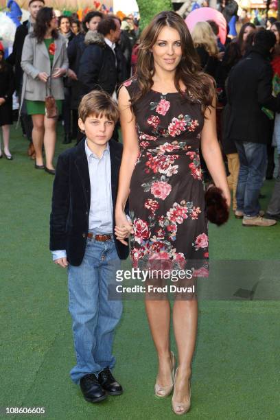 Liz Hurley and son Damian Charles Hurley attend the UK premiere of 'Gnomeo & Juliet' at Odeon Leicester Square on January 30, 2011 in London, England.
