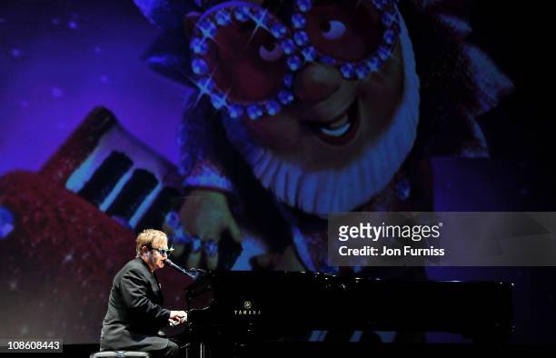 Sir Elton John performs on stage after the "Gnomeo & Juliet" premiere at Odeon Leicester Square on January 30, 2011 in London, England.