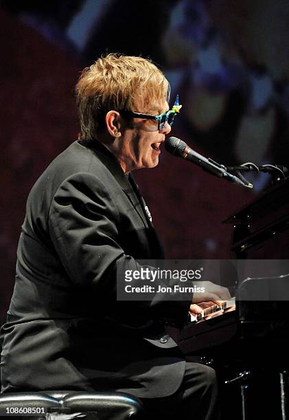 Sir Elton John performs on stage after the "Gnomeo & Juliet" premiere at Odeon Leicester Square on January 30, 2011 in London, England.