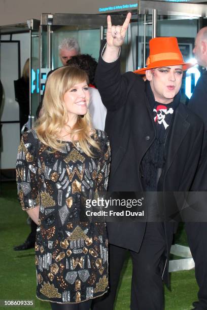 Ashley Jensen and Boy George attends the UK premiere of 'Gnomeo & Juliet' at Odeon Leicester Square on January 30, 2011 in London, England.