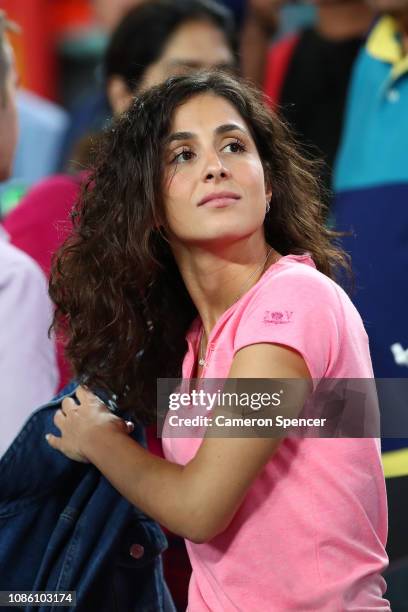 Xisca Perello, girlfriend of Rafael Nadal of Spain, smiles after his quarter final match against Frances Tiafoe of the United States during day nine...