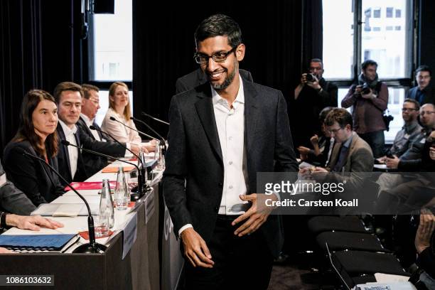 Sundar Pichai, CEO of Google, arrives before the festive opening of the Berlin representation of Google Germany on January 22, 2019 in Berlin,...