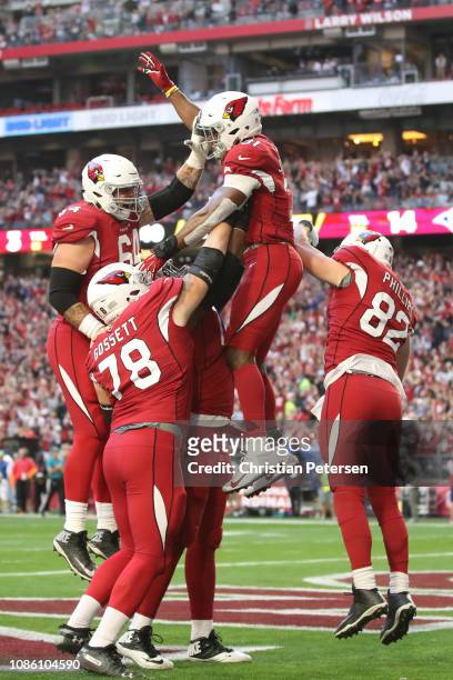 David Johnson of the Arizona Cardinals celebrates a 32 yard touchdown thrown by wide receiver Larry Fitzgerald in the first half of the NFL game...