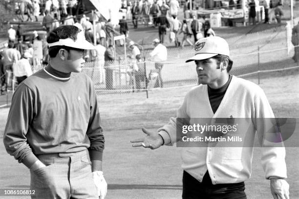 Hale Irwin of the United States talks with Lee Trevino of the United States during the 1970 Los Angeles Open on January 10, 1970 at the Rancho Park...