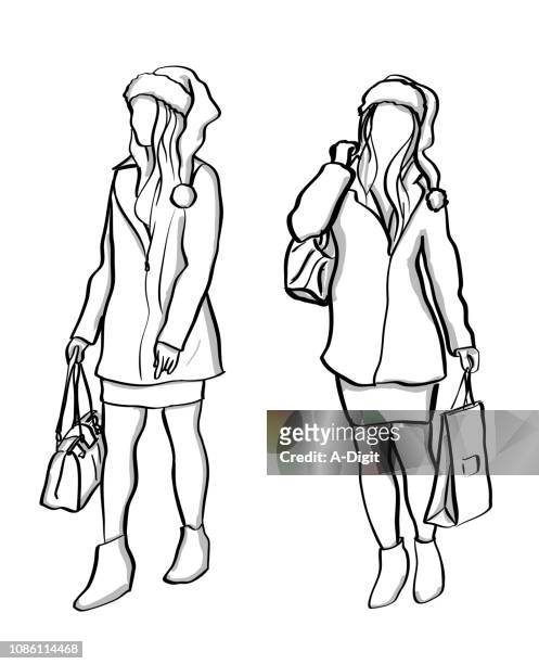christmas cheer young adult woman - gray coat stock illustrations