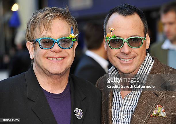 Executive Producer Sir Elton John and Producer David Furnish attend the UK Film Premiere of 'Gnomeo And Juliet' at the Odeon Leicester Square on...