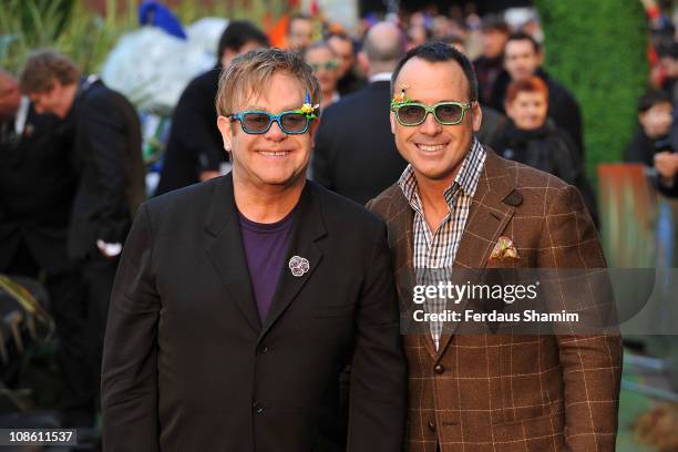 Sir Elton John and David Furnish attend the UK premiere of 'Gnomeo & Juliet' at Odeon Leicester Square on January 30, 2011 in London, England.