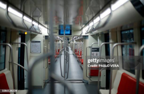 Picture taken inside a subway train on the inauguration day of the Santiago Metro Line 3, in Santiago, on January 22, 2019.