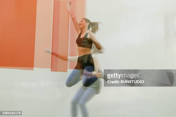 multiple image of woman jumping - double exposure running stock-fotos und bilder