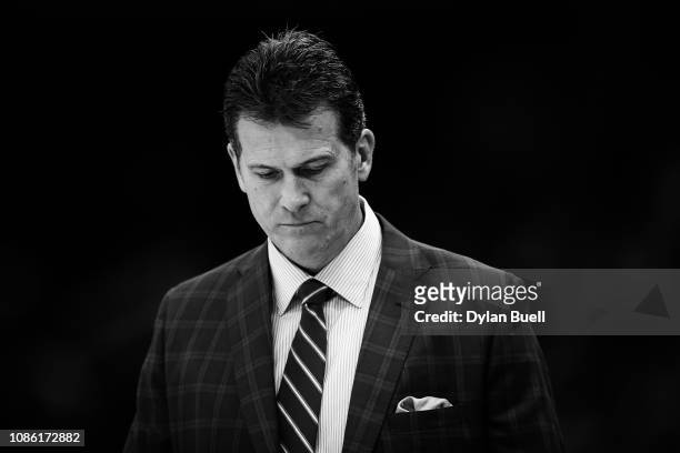 Head coach Steve Alford of the UCLA Bruins reacts in the first half against the Ohio State Buckeyes during the CBS Sports Classic at the United...