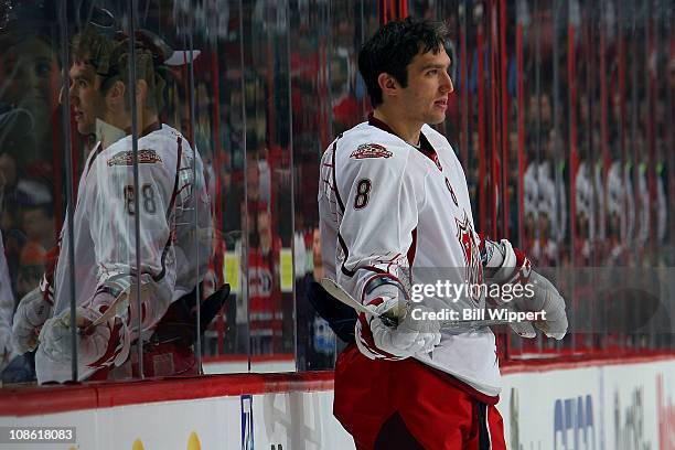 Alex Ovechkin of the Washington Capitals for team Staal looks on during warm ups for the 58th NHL All-Star Game at the RBC Center on January 30, 2011...