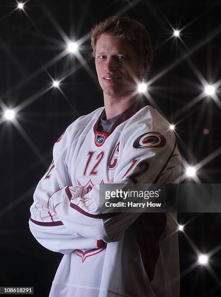 Eric Staal of the Carolina Hurricanes for Team Staal poses for a portrait before the 58th NHL All-Star Game at RBC Center on January 30, 2011 in...
