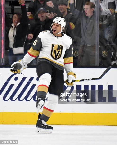 Ryan Reaves of the Vegas Golden Knights celebrates after scoring a third-period power-play goal against the Los Angeles Kings during their game at...